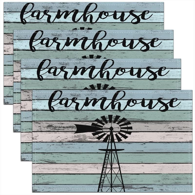 Juego de 4 manteles individuales rústicos con molino de viento para mesa de comedor, tablones de madera color azul turquesa, lavables, manteles