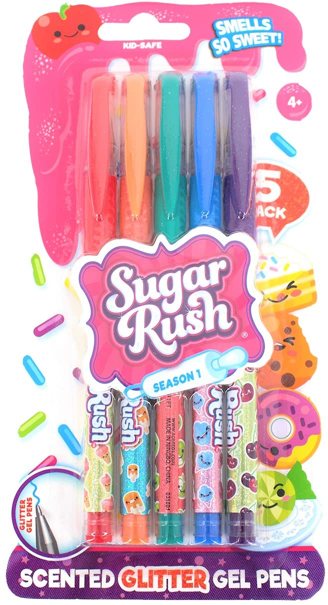 ScentosSugar Rush Colored Gel Pens for Kids - Candy Scented Pens - Medium Point Gel Pens for Coloring - For Ages 4 and Up - 5 Count (Glitter)
