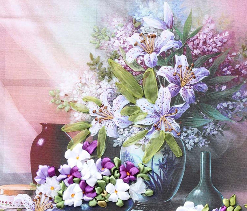 Aureate Handmade Ribbon Embroidery Kits Canvas 3D Wall Art Home Decoration DIY Needlepoint Tapestry Hanging Gift Sweet Lily 22"×20"