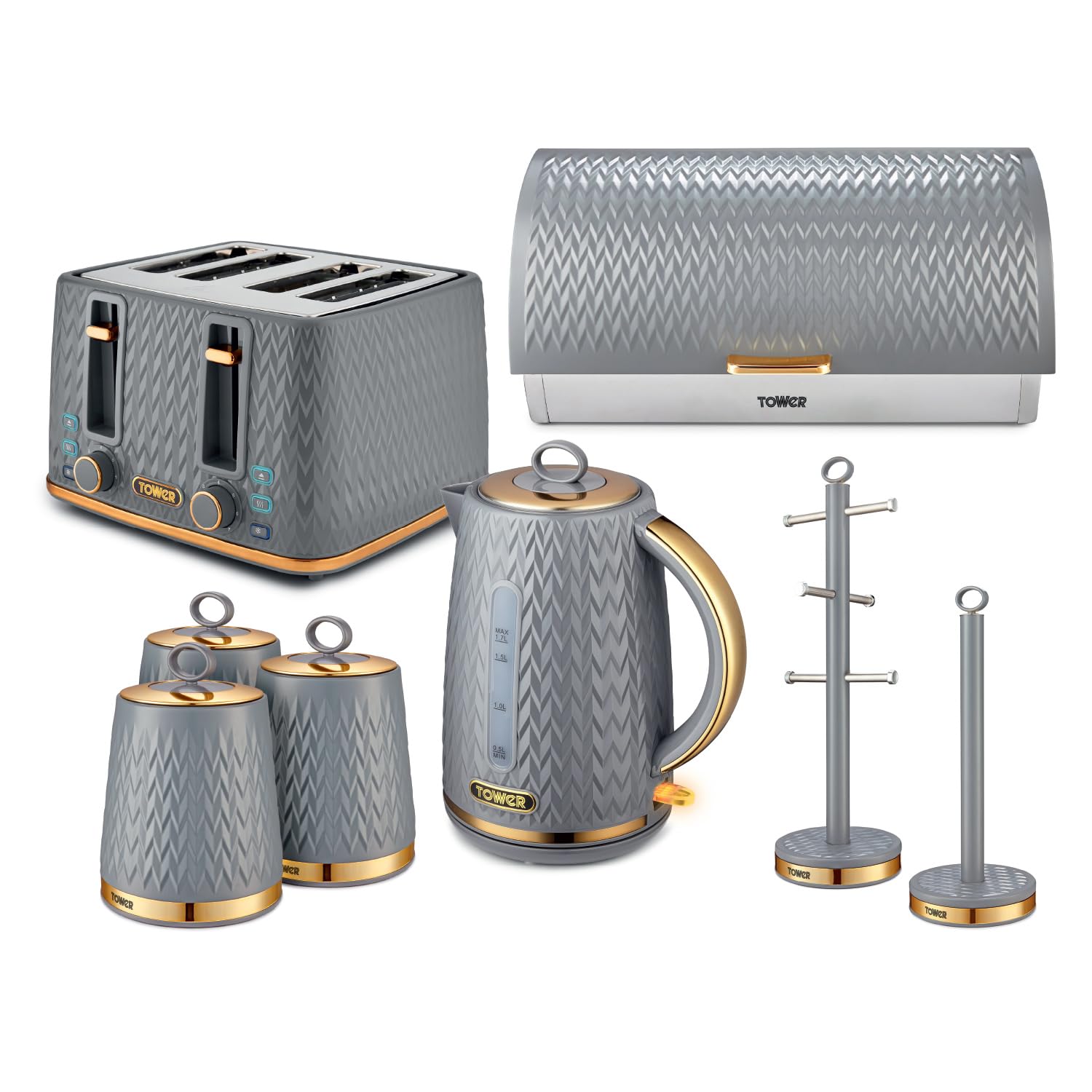 Tower Empire 5 Piece Kitchen Set, 3kW 1.7L Kettle, 4 Slice Toaster, Bread Bin, 3 x 1.3L Canisters, Towel Pole & Mug Tree, Grey & Brass, EEJB468