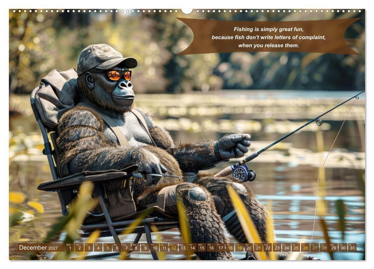 Funny charming animals as fishermen (Wall Calendar 2027 DIN A2 landscape), CALVENDO 12 Month Wall Calendar: Funny animals sit in fishing outfits at a lake fishing, accompanied by humorous sayings