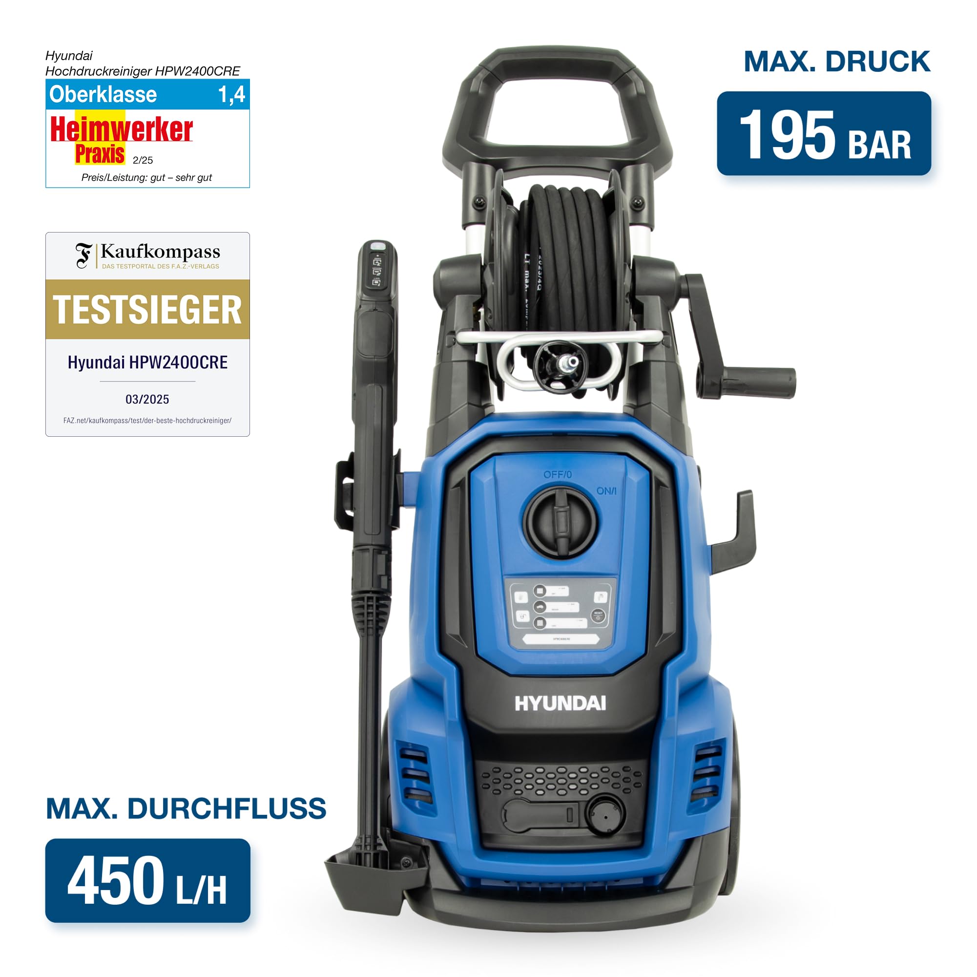 HYUNDAI Hochdruckreiniger HPW2400CRE, max. 195 bar - 450 l/h, 2400 W, EL.-Control, verdreh-sicherer 10m Schlauch, verstellbare Düse, rotierende Turbodüse, Seifenflasche