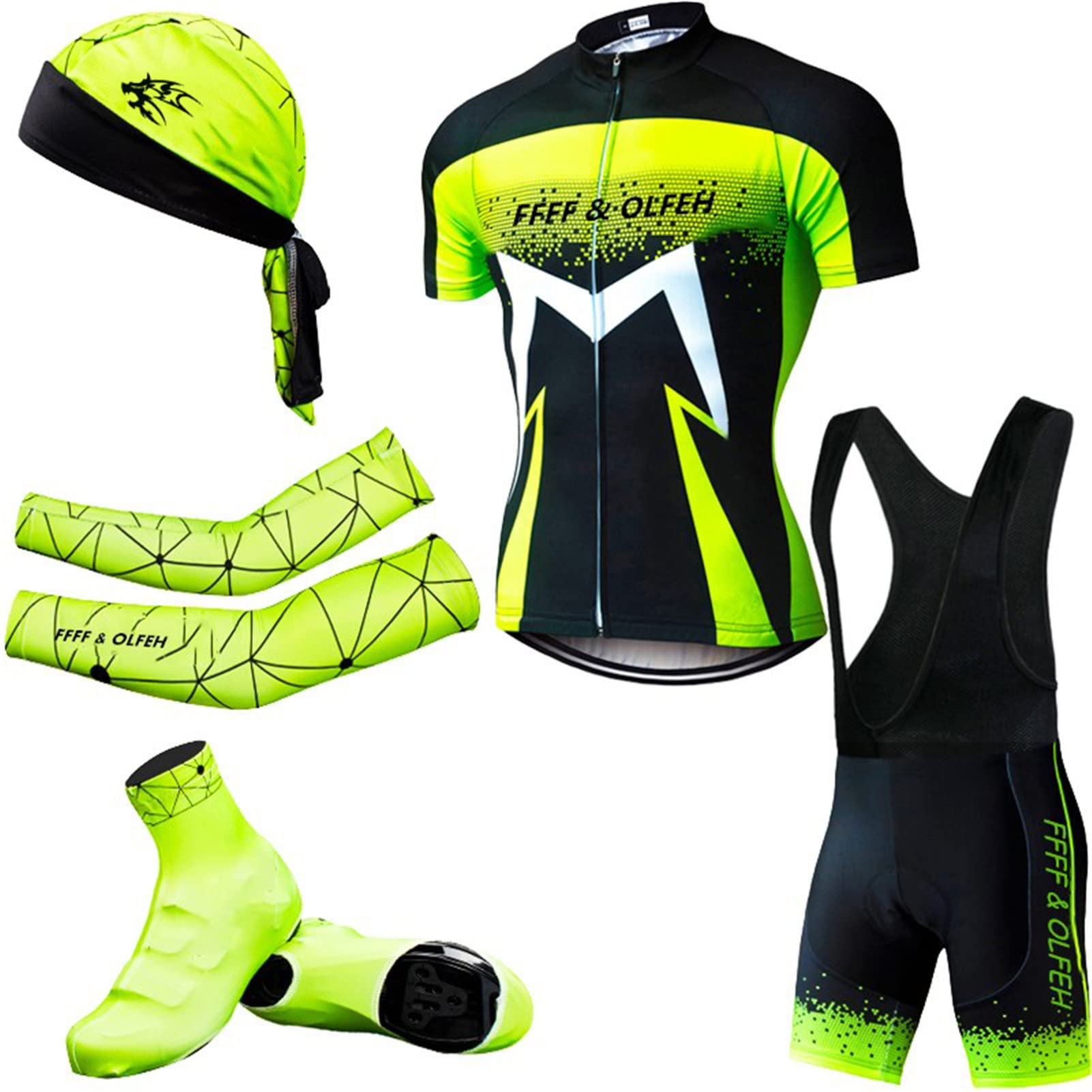 FFFF & OLFEH Abbigliamento Ciclismo Cinque Pezzi Set Manica Corta Tuta Ciclismo Uomo Completo Ciclismo Estivo per Bici da MTB,con Pantaloncini Imbottiti in Gel Traspirante e Ad Asciugatura Rapida
