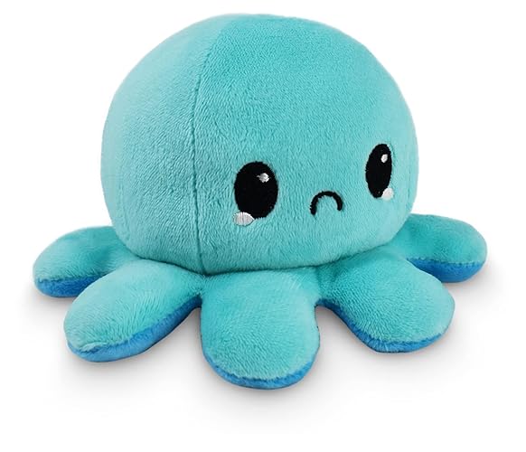 TeeTurtle - The Original Reversible Octopus Plushie - Happy Blue + Sad Light Blue - Cute Sensory Fidget Stuffed Animals That Show Your Mood 4 inch - Blue Happy + Light Blue Sad