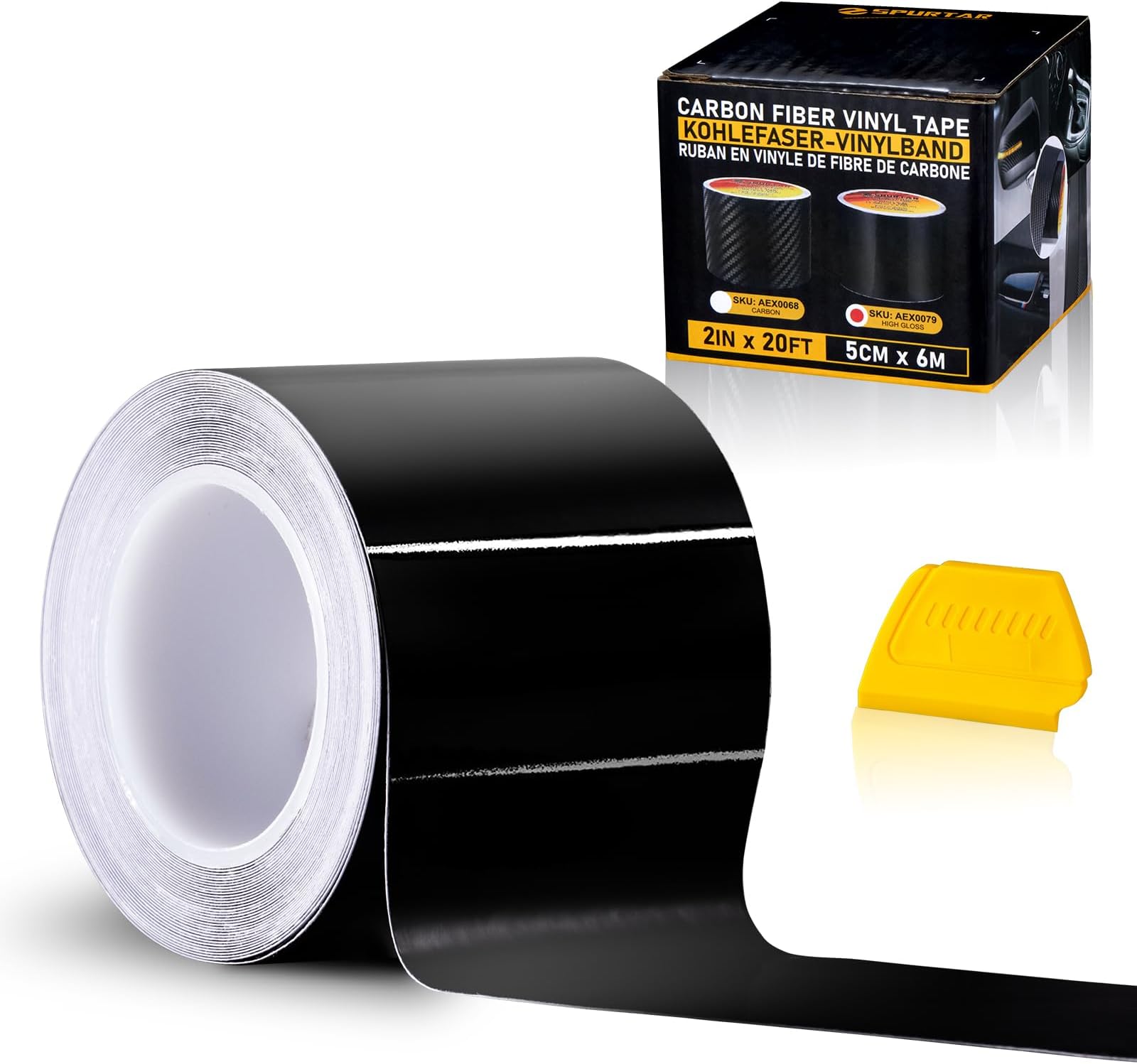 Gloss Black Vinyl Wrap Tape with Tool- 5CM x 6M Adhesive Car Wrapping Paper Anti-Scratch Car Door Sill Protector Vehicle Sill Protectors Strips (High Gloss,2inchx20 Ft)