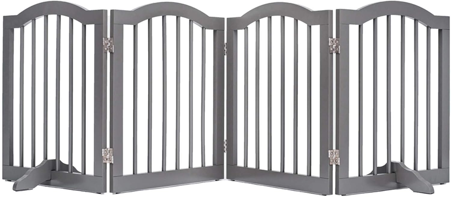 unipaws Freestanding Dog Gate with 2pcs Support Feet, Foldable Pet Gate for Stairs, Decorative Indoor Pet Barrier with Arched Top, Grey (4 Panels, 20 inches Wide, 24 inches High)