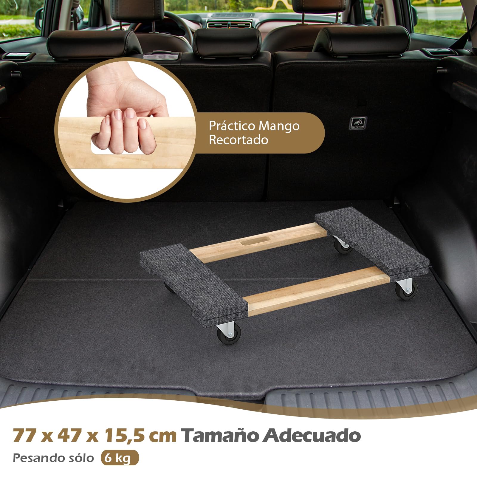 GYMAX Plataforma con Ruedas, 77 x 47 cm, Tabla de Ruedas de Madera de Acacia con 4 Ruedas Universales y Asa, Carga de hasta 450 kg, Tablero de Carro para Aparatos y Muebles con Cargas Pesadas