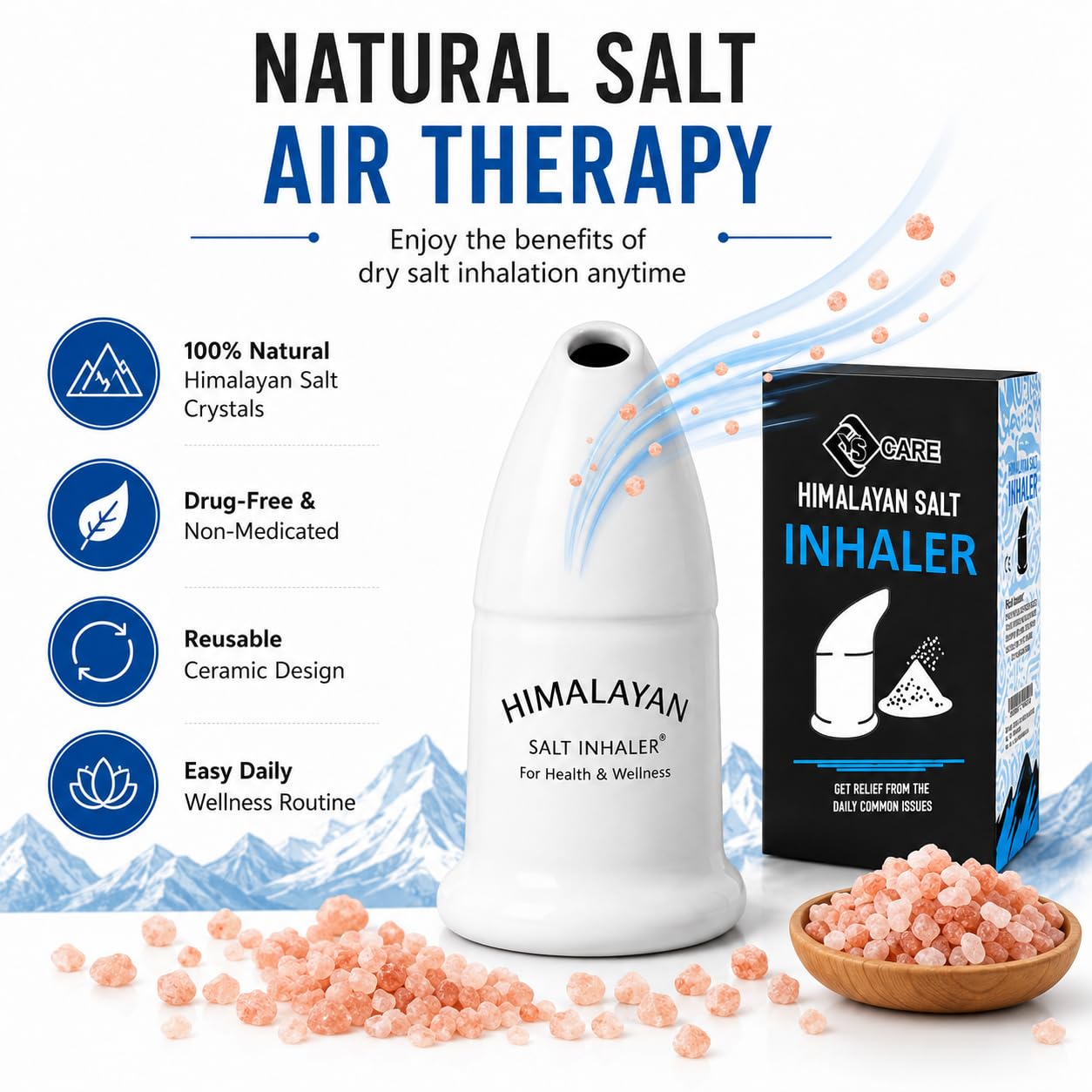 YSCARE Inalatore manuale in ceramica con sale himalayano, riempito con sale himalayano puro al 100% – per un'igiene e una salute ottimali, con 100 grammi di sale in omaggio. (3) (1)