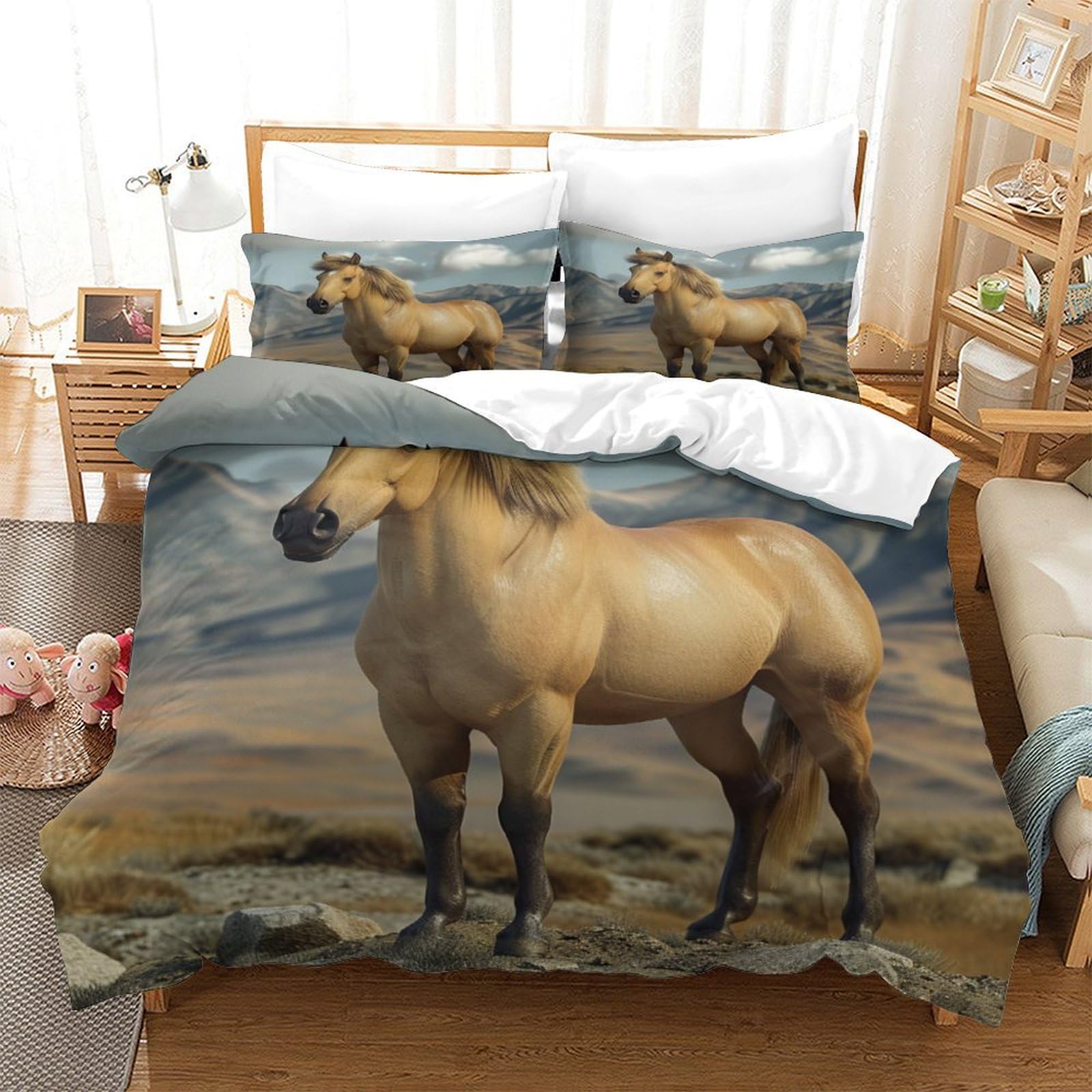 P1S9U7W5Y Lifelike Horse 3D Printed Duvet Cover Set 3pcs Microfiber Nature Horse Bedding Set Super king（260x220cm）