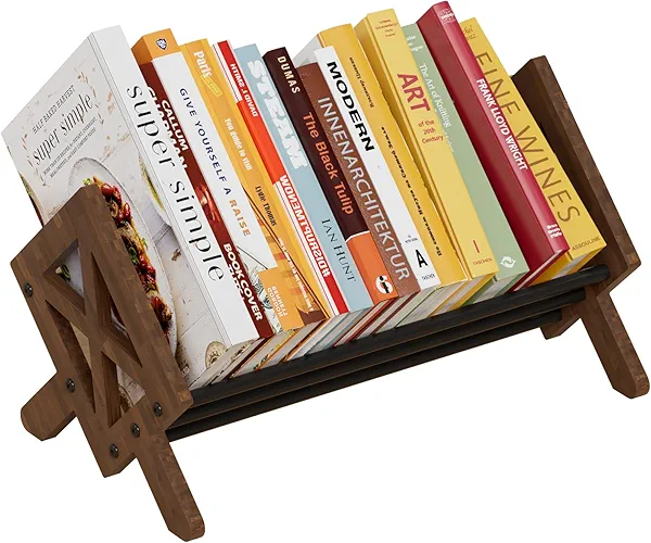 ART-GIFTREE Desktop Bookshelf Organizer, Wood Office Tabletop Book Storage Rack, Tilting Bookcase for Books/CDs/Magazine Display (Black)