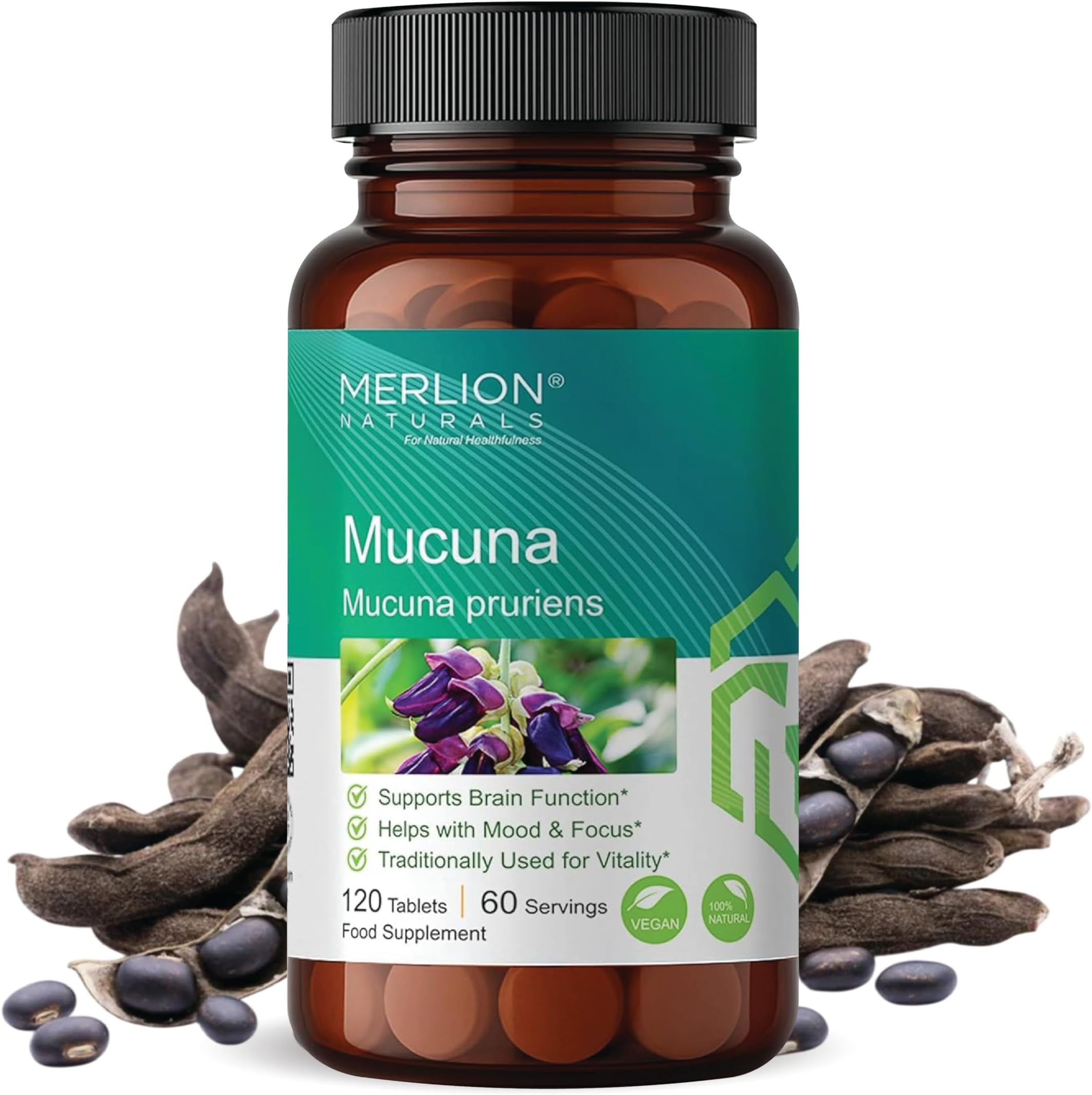 MERLION NATURALS Mucuna Tablets 500mg (120 Tablets) | Kaunch Beej | Kapikachu | Mucuna pruriens