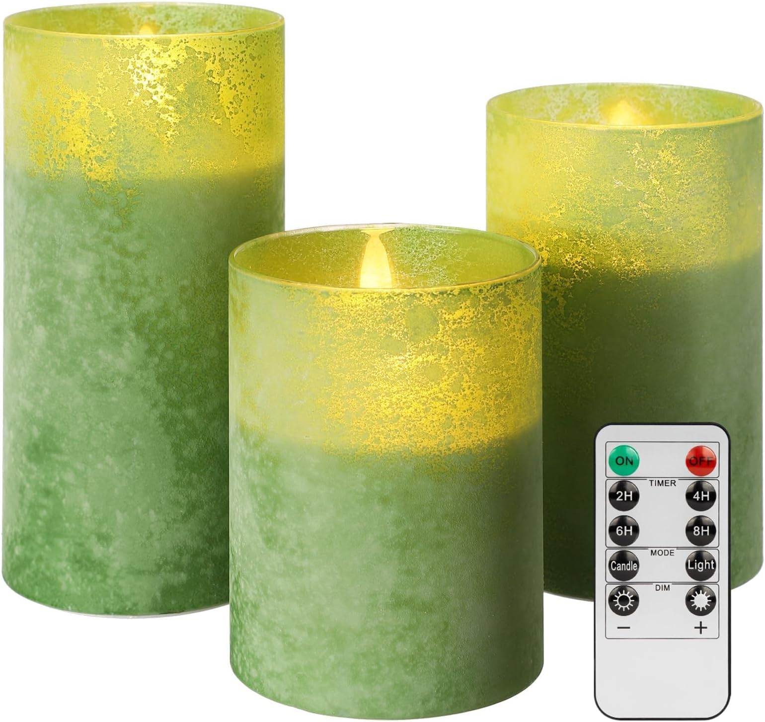 ANGELLOONG Green Flameless Candles with Remote, Glass Battery Operated LED Pillar Candles Flickering for St. Patrick's Day Christmas Home Decor, Set of 3