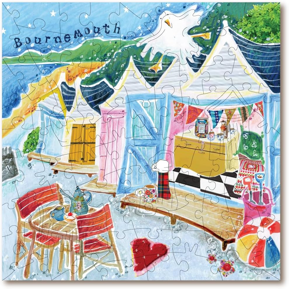 Bournemouth Beach Hut Jigsaw Puzzle for Adults & Kids - 79 Pieces. Premium Linden British Wood Puzzle in Metal Storage Tin with Special 'Whimsical' Shaped Pieces.