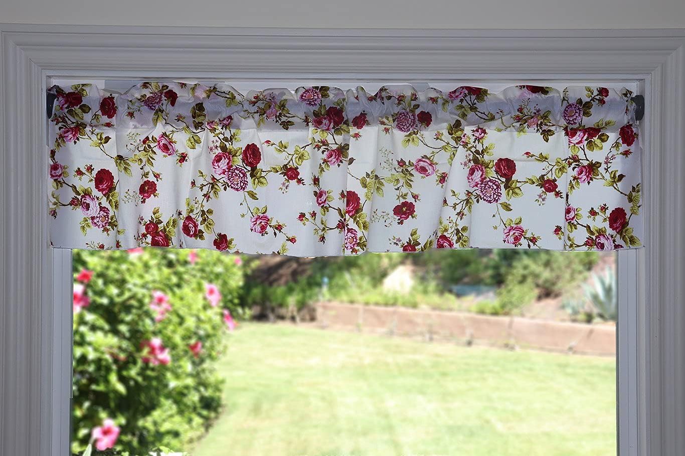 lovemyfabric Poly Cotton Vintage Floral Large Roses 58" Wide Print Bedroom Kitchen Bathroom Classroom Diner Curtain Valance Window Treatment/Window Decor (20" Tall, Red)