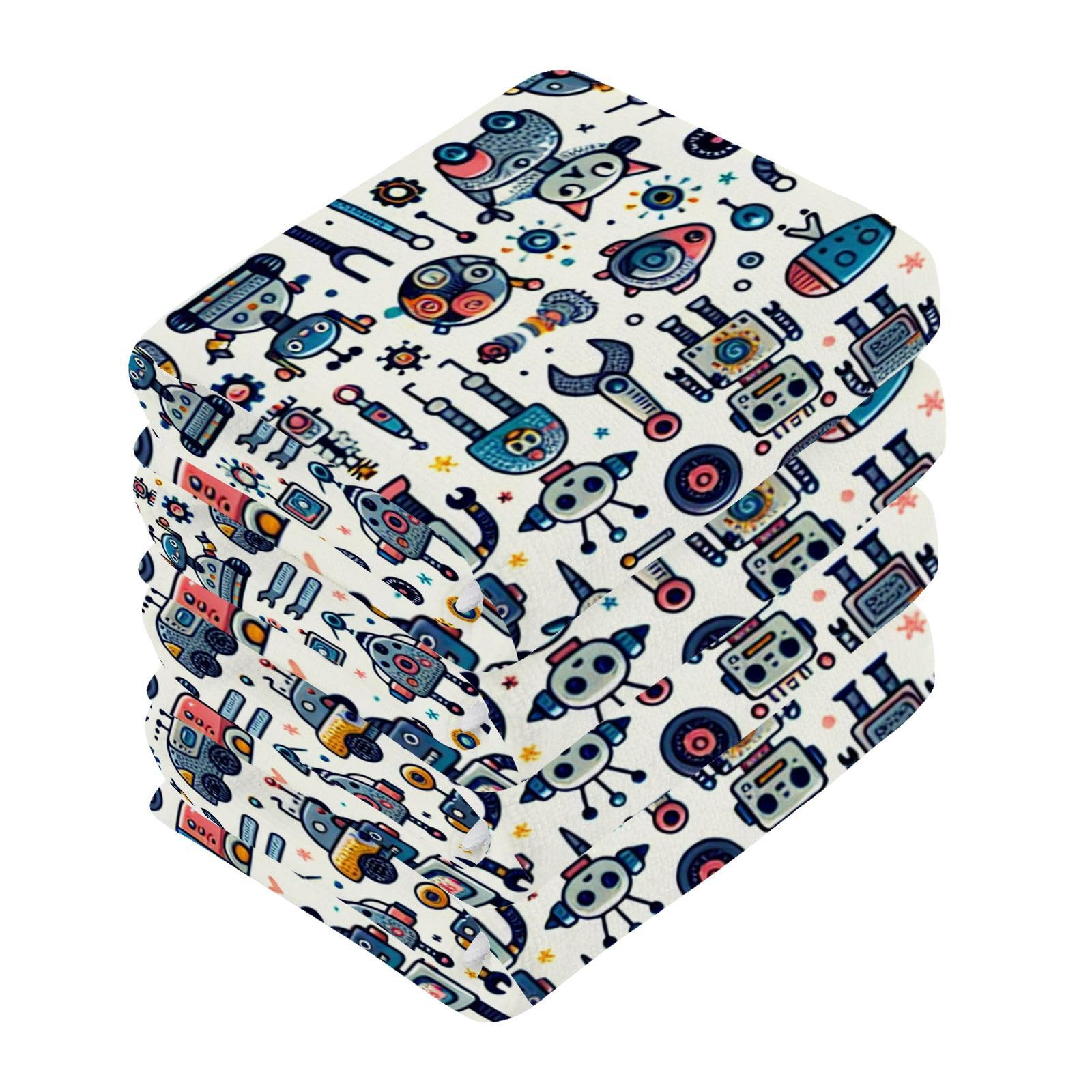 YANENDIE Cute Robot Pattern Washcloths Towels, Highly Absorbent and Soft Cotton Face Cloths, 4 Pack Quick Dry Wash Cloths - 12 X 12 Inches