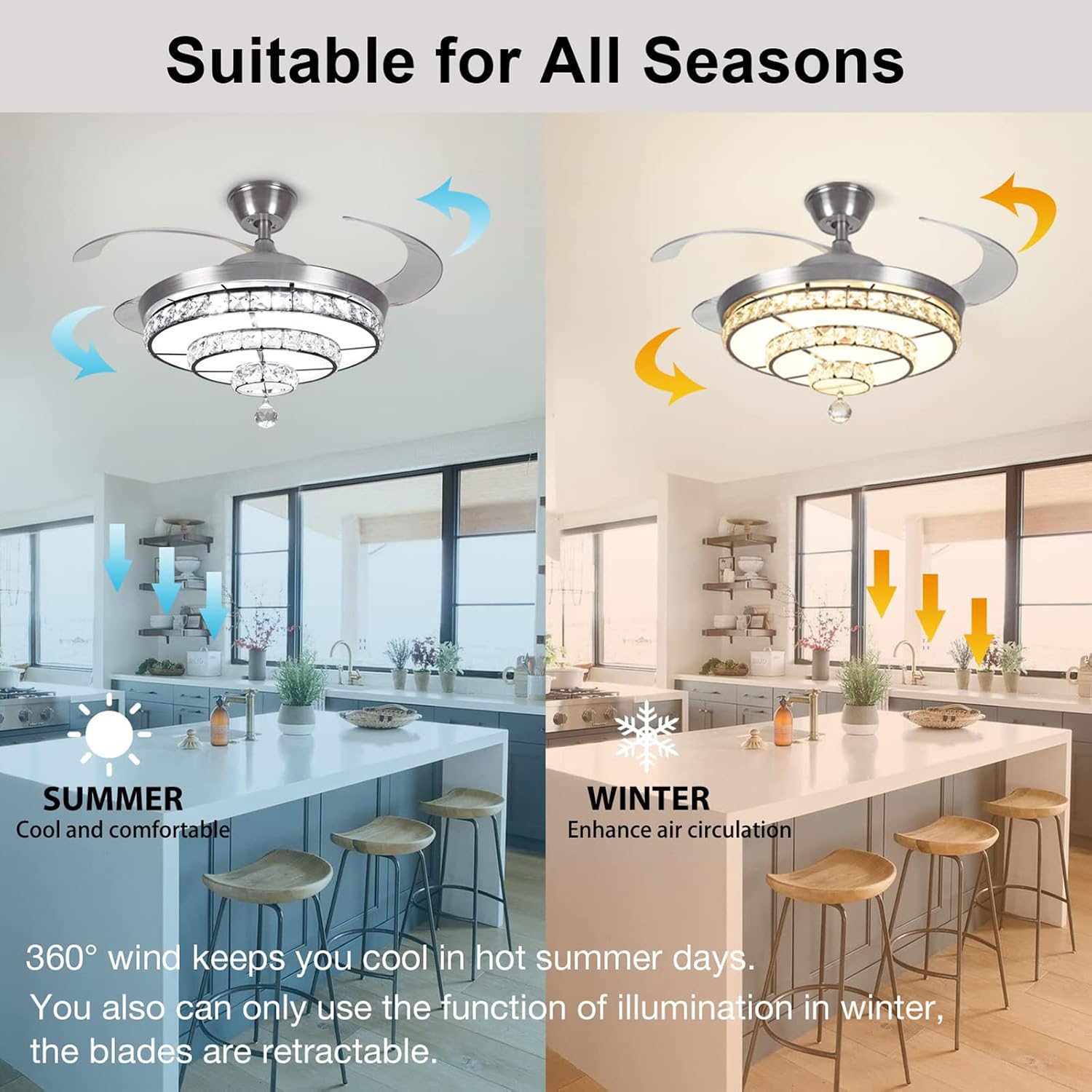 DLLT 42'' Crystal Ceiling Fan with Light, 36W Modern Ceiling Fan Remote, 3-Blade Retractable Led Fan Chandelier Indoor for Living Room, Bedroom, Dining Room, Color Changeable 3000K-6000K Nickel