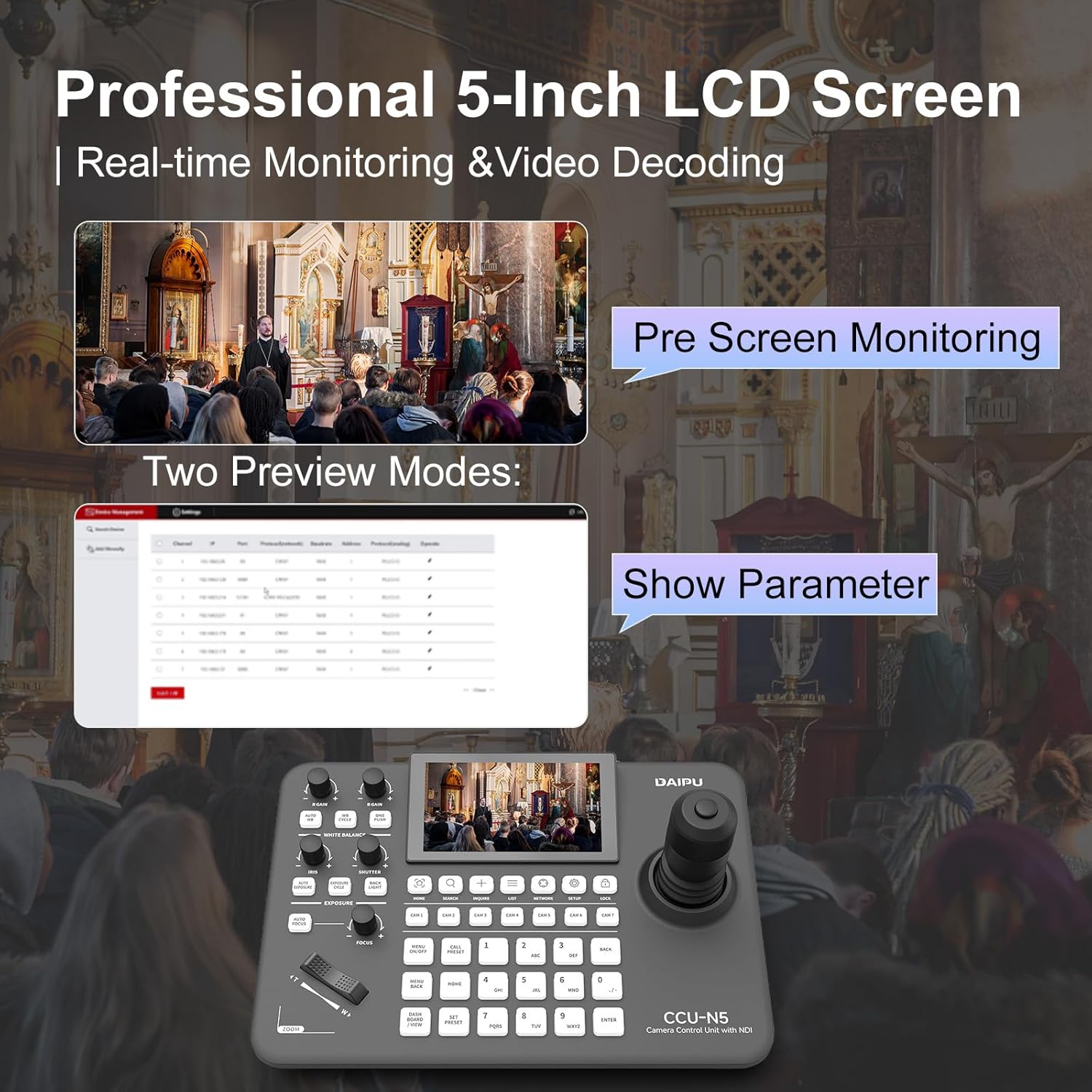 DAIPU PTZ Camera Controller with 5-Inch LCD Screen 4D Joystick LAN RS232 RJ45 RS485/422 DC12V Professional Control Keyboard for Church Worship Live Streaming Video Conference Events