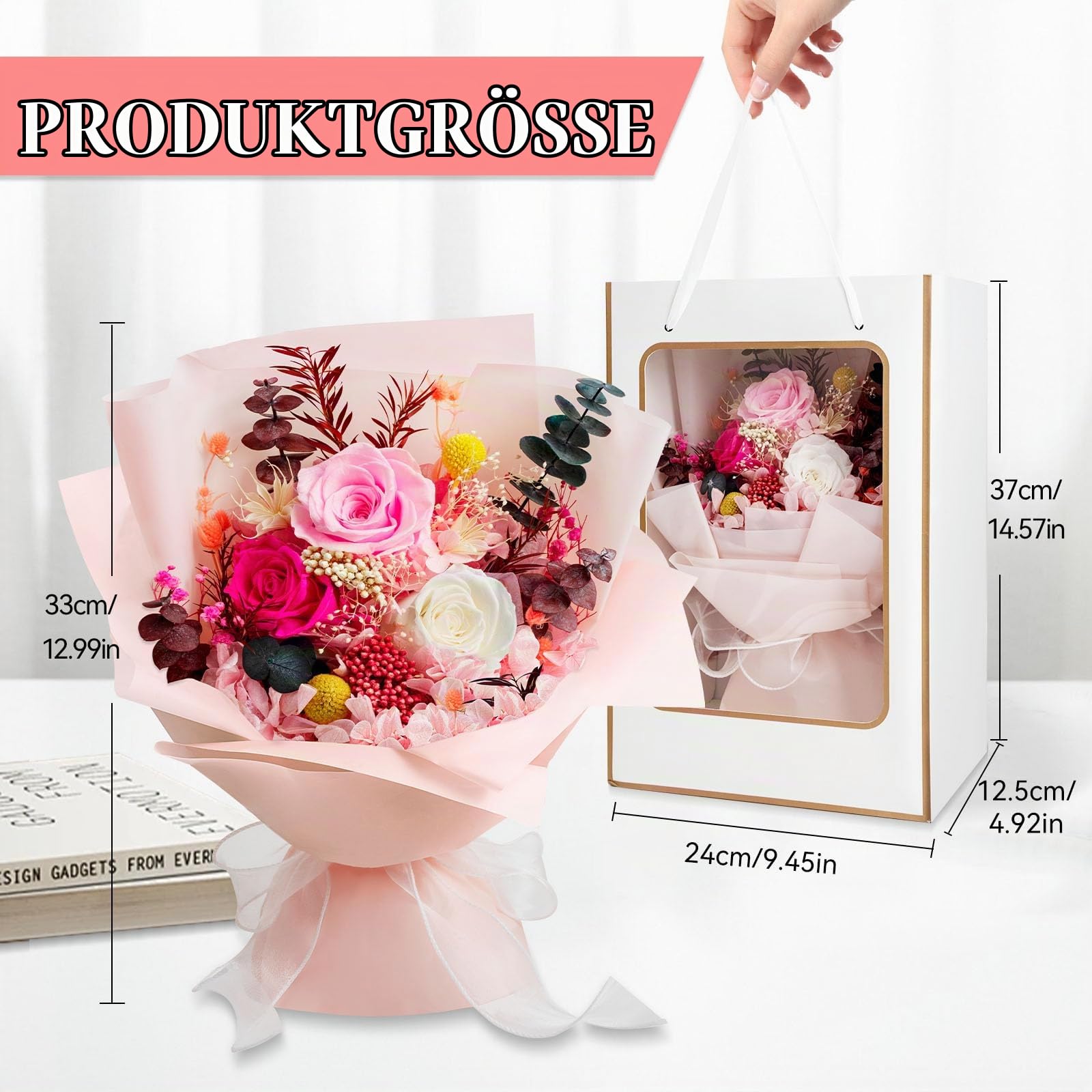 Konservierte Blumen Bouquet, Konservierte Rose Blumen für die Lieferung Prime, natürliche echte Rose dauert 1-3 Jahre, Valentinstag Muttertag Jubiläum Geburtstagsbox für Frau Mutter ihr