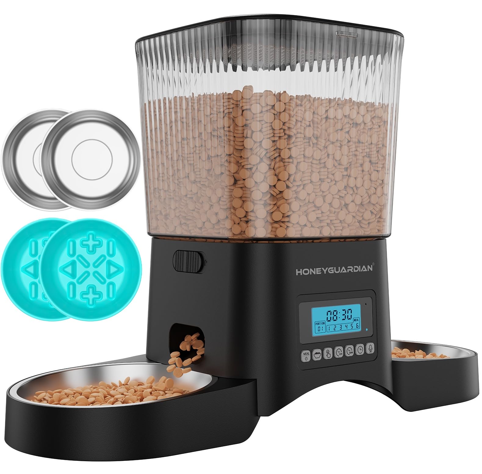 HONEYGUARDIAN Double Automatic Cat Feeder, 3.5L Food Dispenser Cats/Dogs 2 Bowls, Automatic Cat Feeder with 1-6 Meals a Day, 304 Stainless Steel, Voice Recorder
