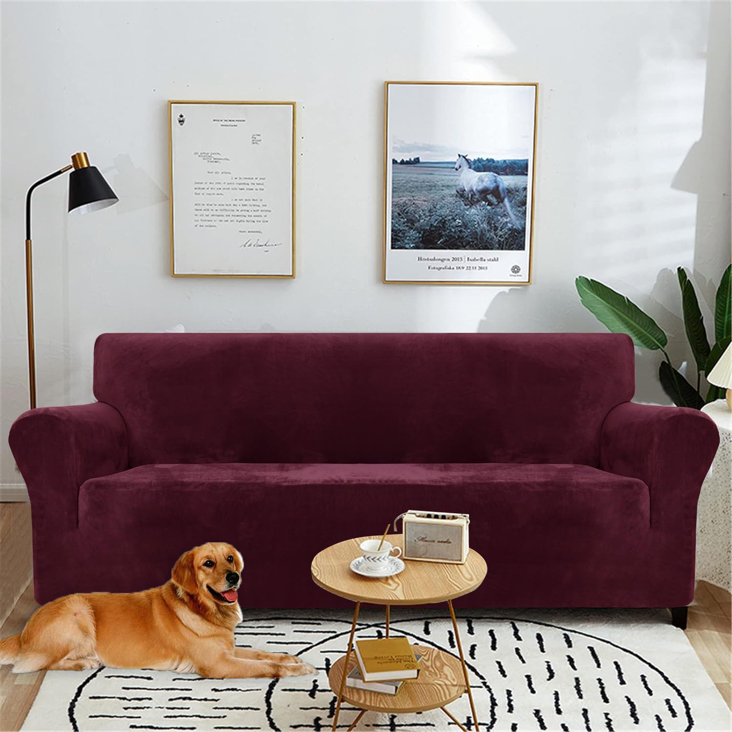 YSTELLAA Copridivano Velluto 3 Posti con Braccioli, Copridivani AntiGraffio Gatto, Fuzzy Copri Divano Elasticizzato Elastico, Universale Sofa Cover Antimacchia Lavabile Antiscivolo, Bordeaux