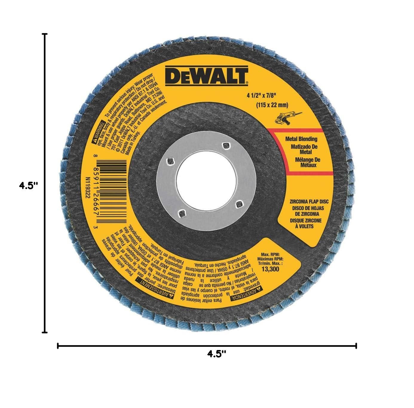 DeWalt DWA8208 Zirconia T29 Flap Disc, 80-Grit, 4-1/2 x 7/8 in. - Quantity 10