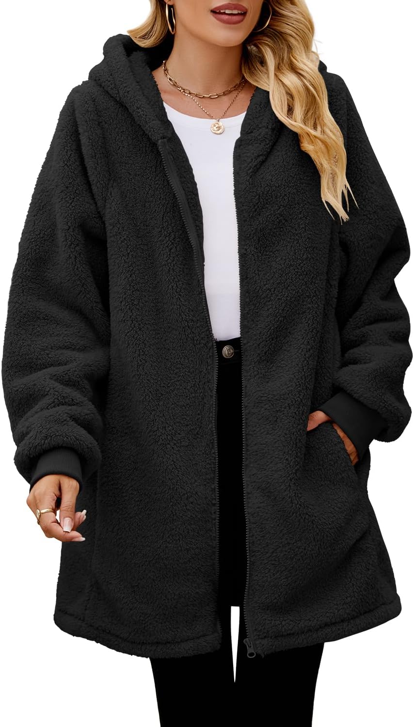 ReachMe Womens Fleece Zip Up Jacket with Pockets Oversized Long Sherpa Hoodie Fuzzy Jackets Warm Teddy Coat - Image 2