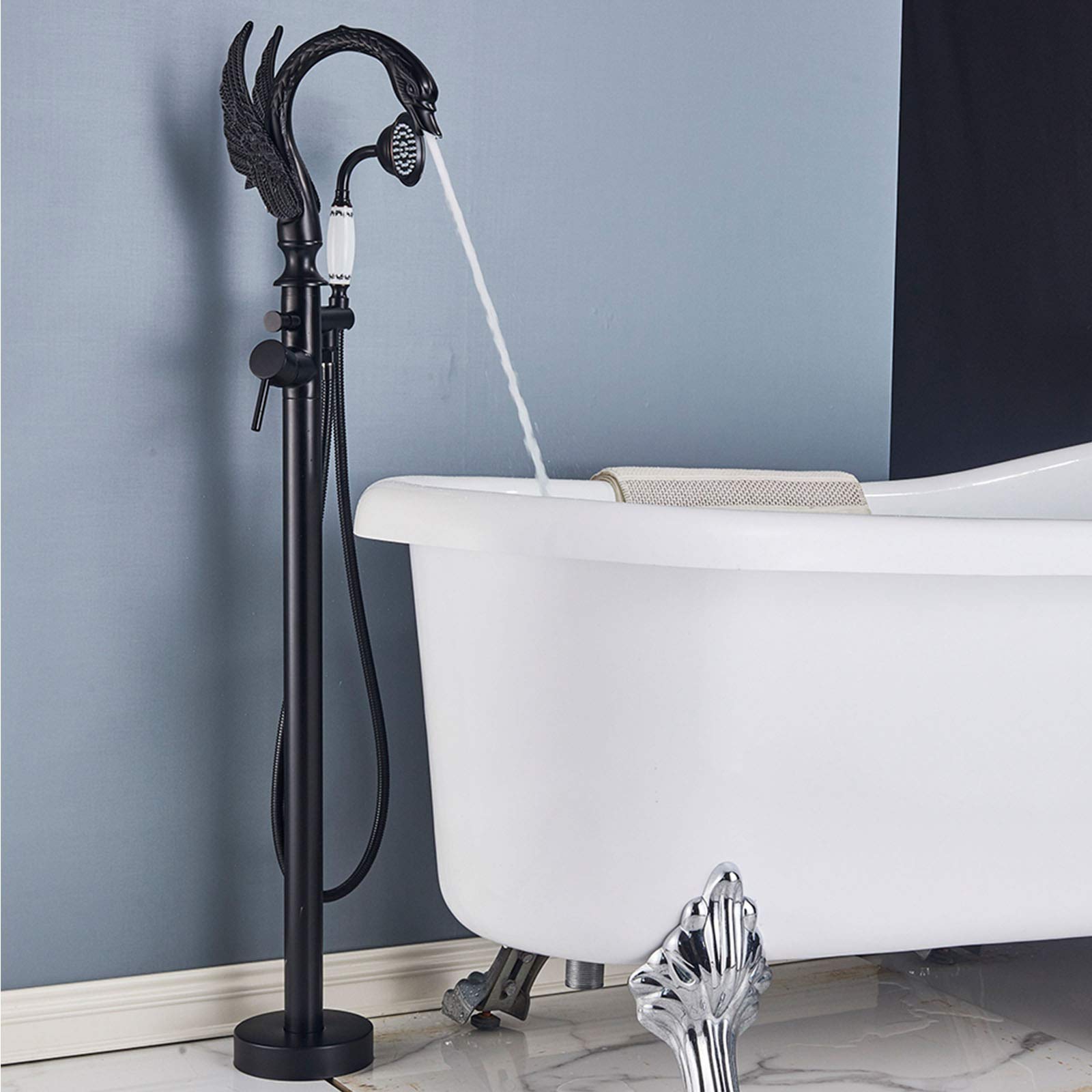 Grifo de bañera de pie, Grifo de bañera con caño Giratorio de una Sola manija con Ducha de Mano, Grifo de bañera de pie de latón, Bronce frotado con Aceite,