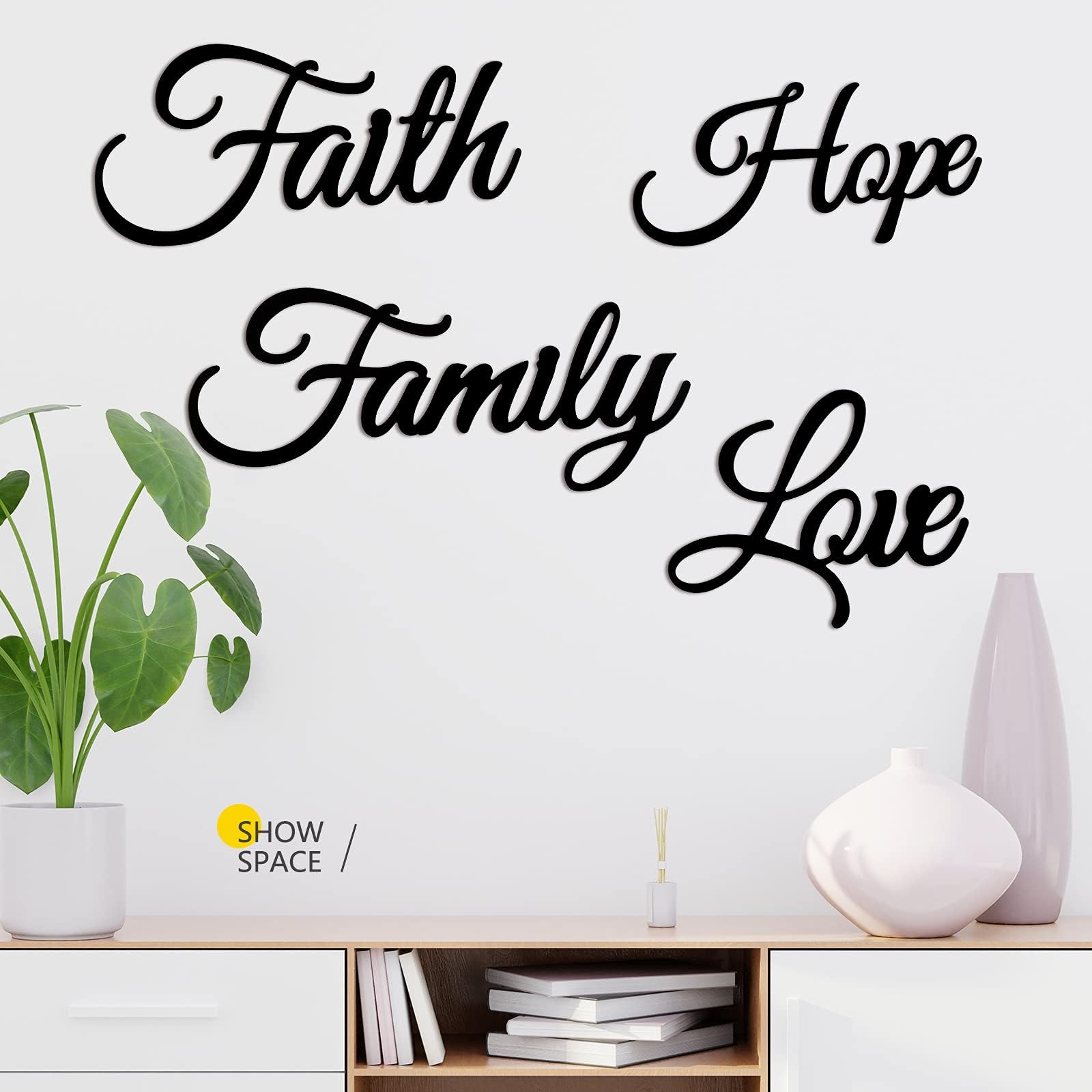 Hotop 4 Pieces Faith Love Hope Family Metal Wall Decor Rustic Vintage Farmhouse Metal Sign Modern Black Wall Art Word Sculpture for Home, Office, Living Room Decoration