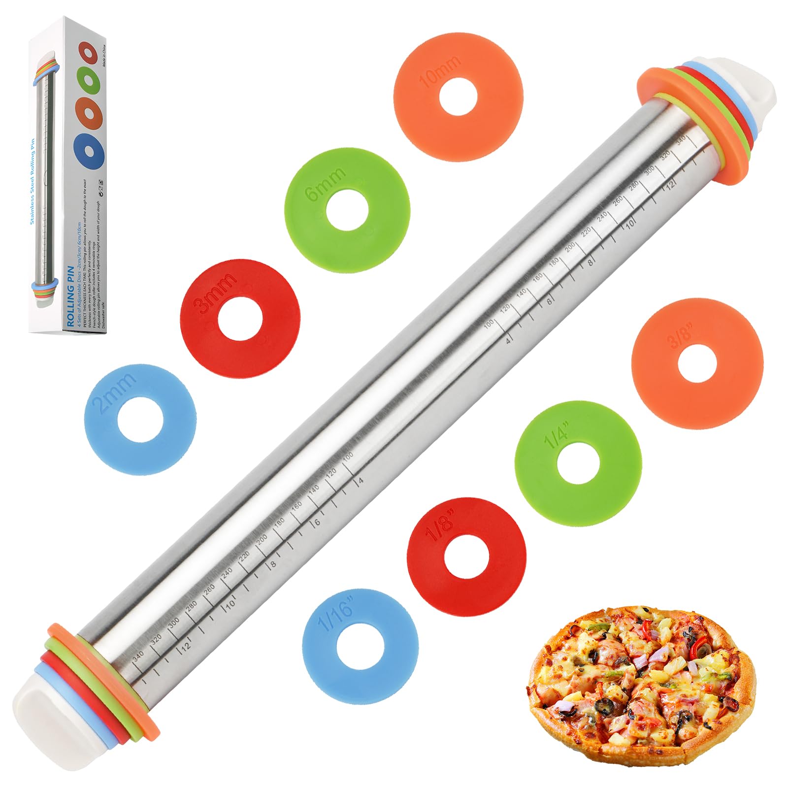 SHIKORI Rolling Pin and Silicone Baking Pastry Mat Set, Stainless Steel Dough Roller with Adjustable Thickness Rings, for Pizza, Pie, Pastries, Pasta, Cookies,etc.(17 inch)