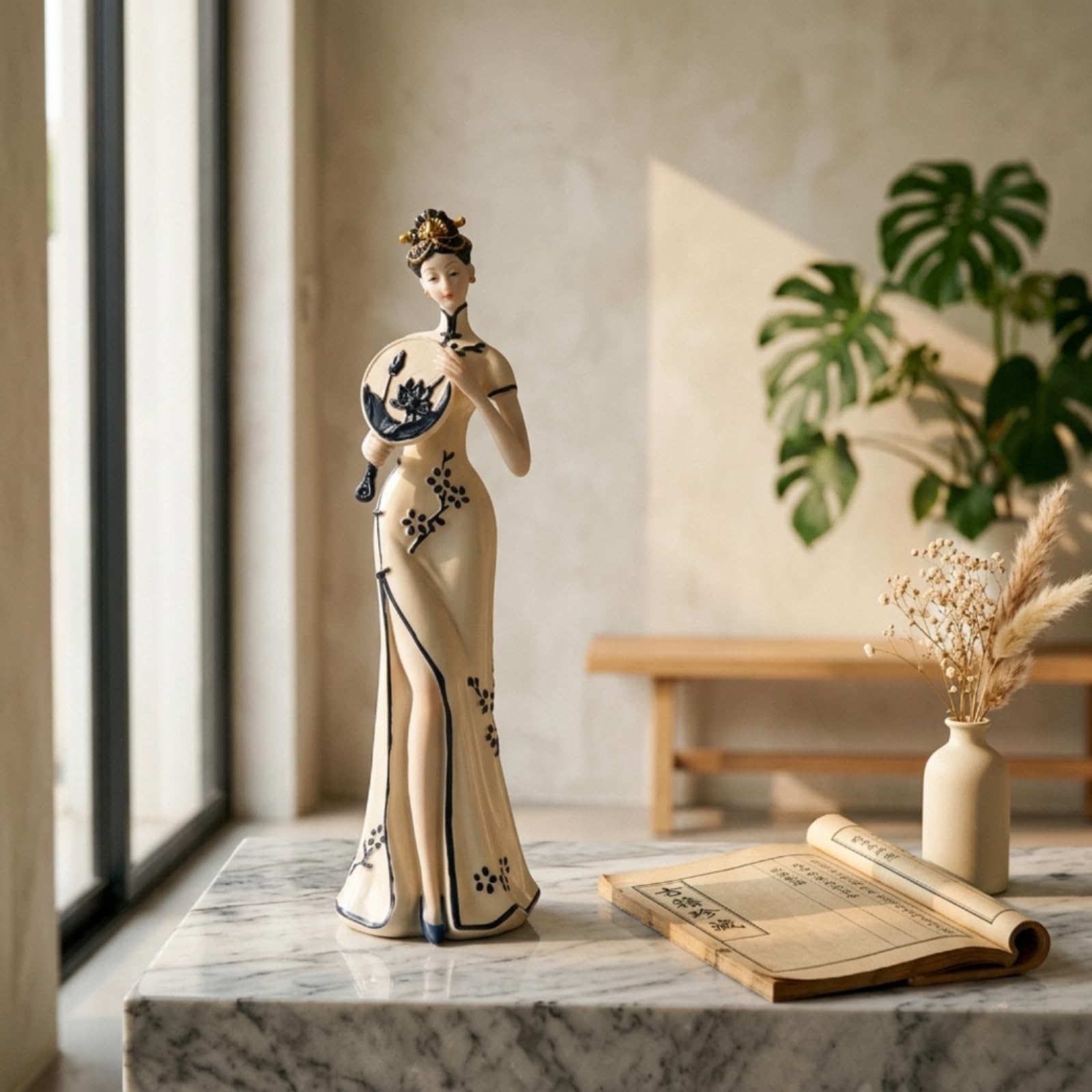 Orchidee Figurine Chinesische Dame Statue Skulptur Wohnfigur Dekofigur aus Resin mit Glänzendem Finish Und Traditionellem Flair für Wohnzimmer, Damenfigur Mit Teetisch, Liegend, 18 cm Hoch