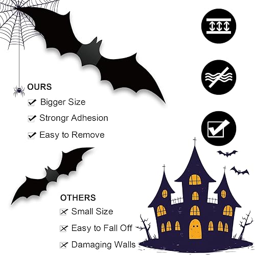 Miniatura 4 de 180 decoraciones de Halloween de murciélagos, decoración de pared de murciélagos 3D, suministros de fiesta de murciélagos de Halloween de PVC,