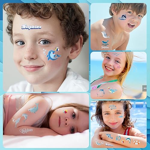 Miniatura 4 de Tatuajes temporales con purpurina de delfín para niños, 4 hojas de tatuajes falsos bronceadores para niñas y niños, lindos tatuajes de animales