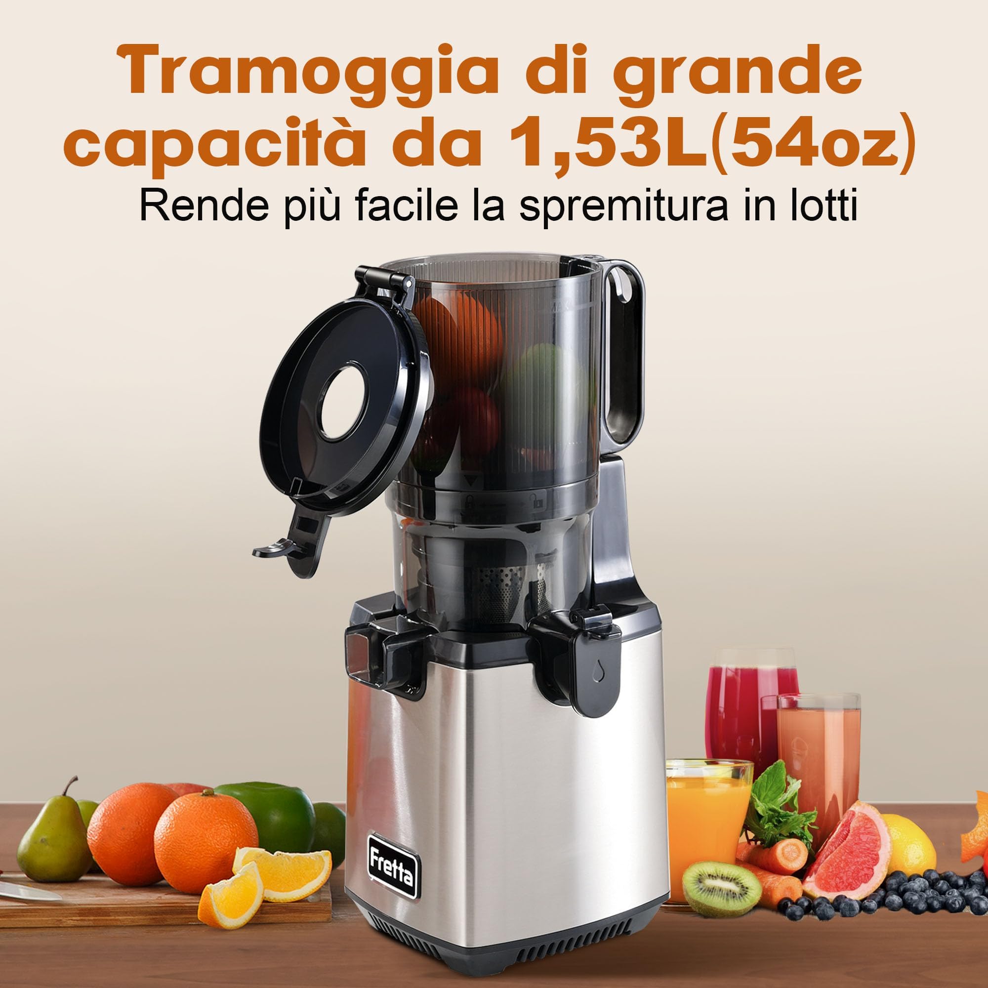 Fretta Estrattore Frutta e Verdura, Imbocco Largo 135mm, Senza BPA | Spremiagrumi lento, frutta e verdura intera, Corpo in acciaio inox, alta resa, 250W, facile pulizia, inversione automatica