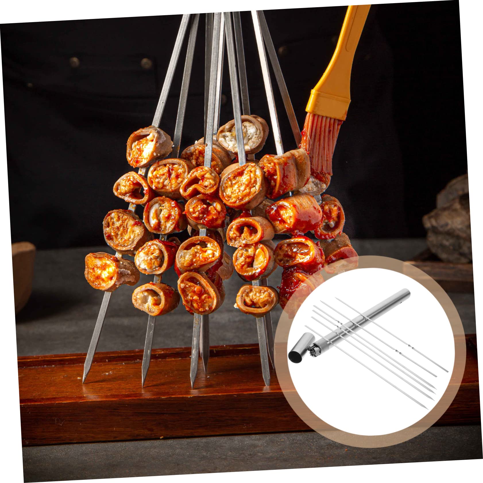 Brochetas Planas para Carne de Acero Inoxidable, 1 Juego | Tubo de Almacenamiento, Reutilizables, Antideslizantes y Fáciles de Llevar, para Verduras y Carne