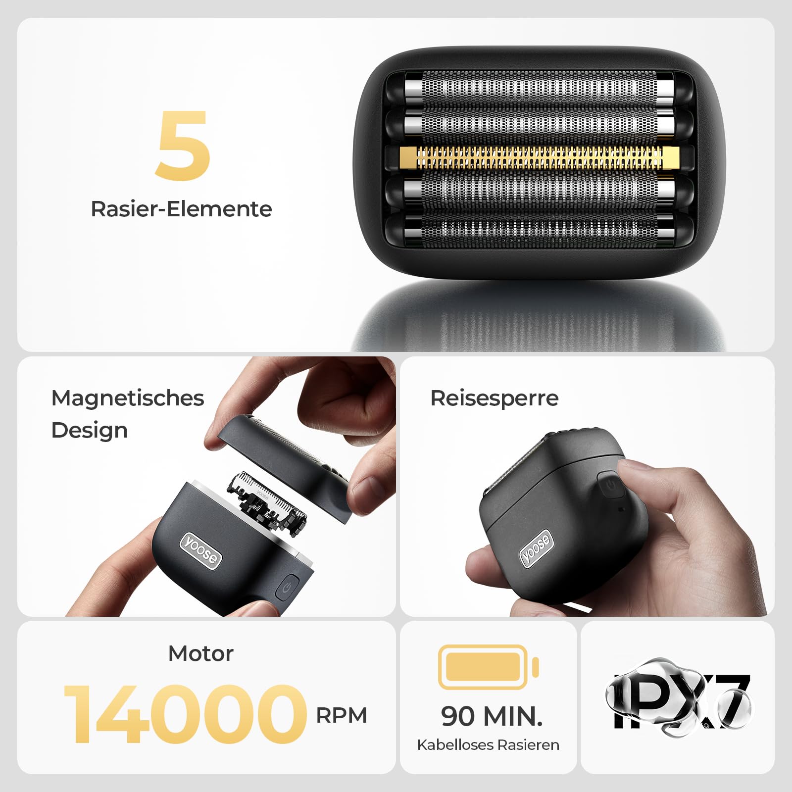 Yoose MINI 5 Bart Rasierer Herren Elektrisch, Tragbarer Beard Trimmer Men Trockenrasierer Nassrasierer Epilierer Männer IPX7 Wasserdicht, Wiederaufladbar mit USB C, Schwarz