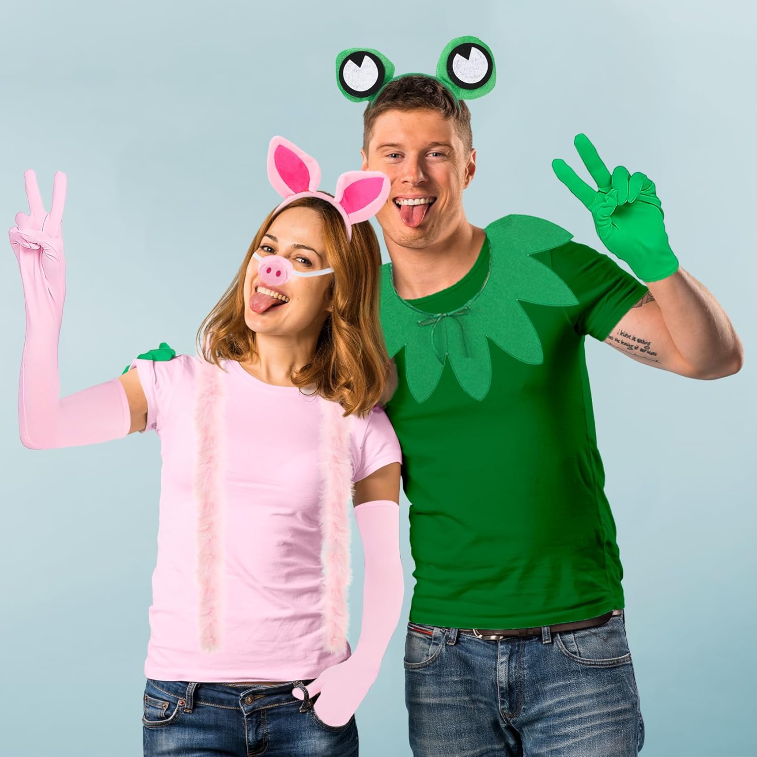 7 Pcs Halloween Frog and Pig Costume Couple Accessories Set Include Headband Fake Pig Nose Green Fake Collar Pink Scarf with Gloves for Halloween Cosplay Party - Image 7