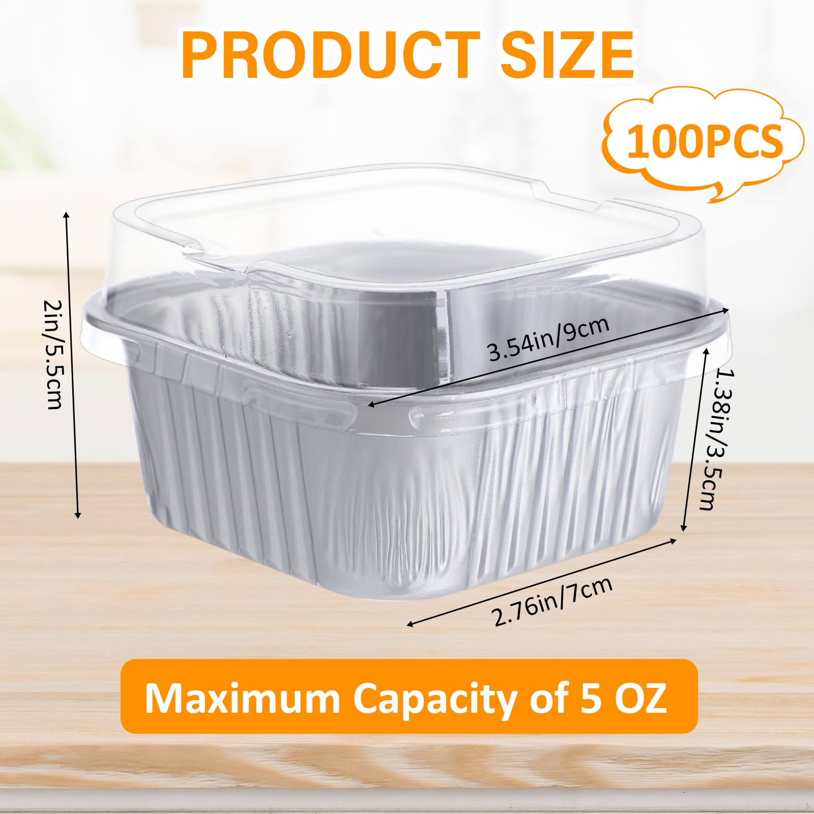 Skylety 100 mini moldes cuadrados para hornear de 5 onzas con tapa, de papel de aluminio, para cupcakes, brownies, desechables, recipientes individuales de postre para cocina, material de grado