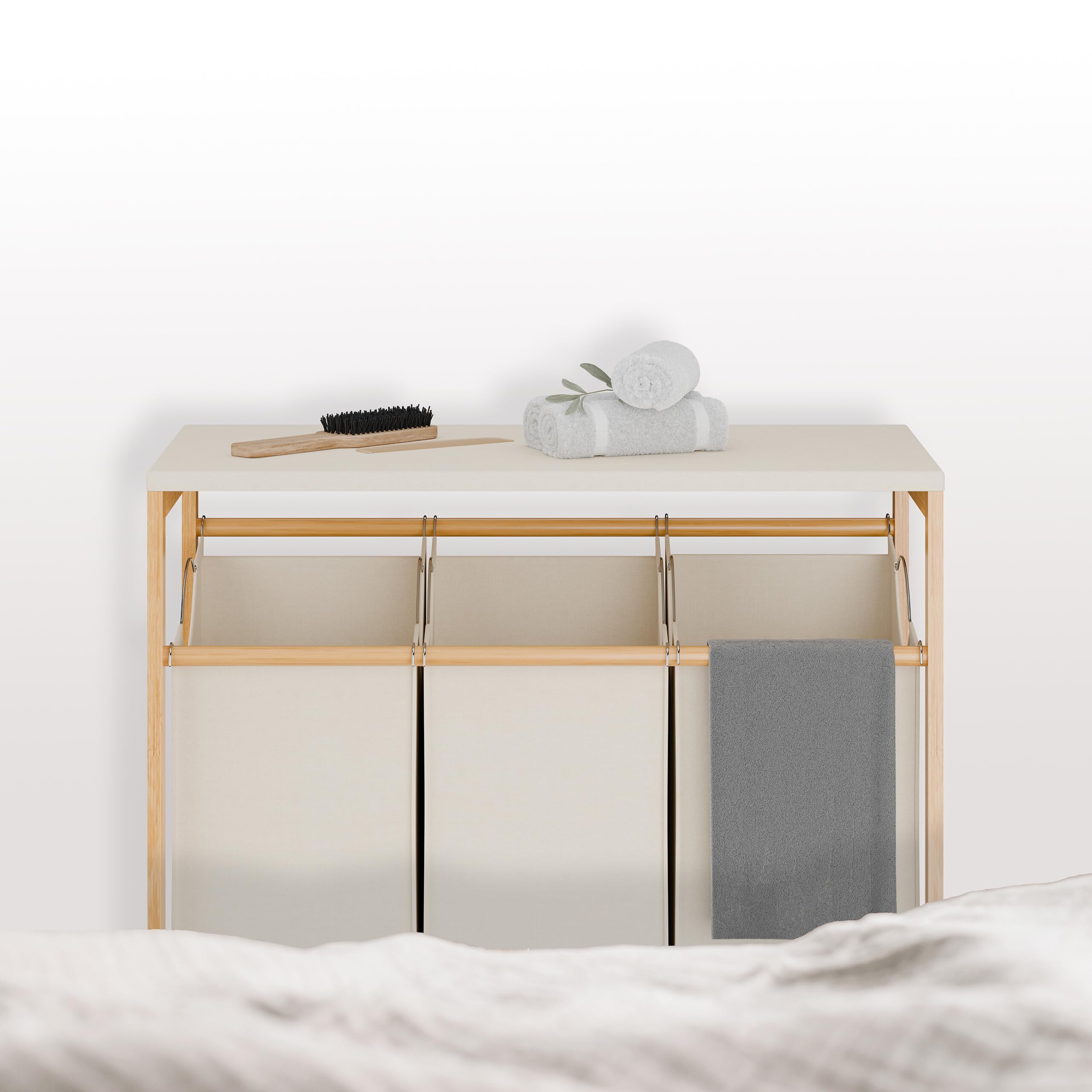 Relaxdays Cesto Ropa Sucia con 3 Sacos Extraíbles, Mueble Colada, Tapa Abatible, 84,5x78,5x40 cm, Bambú, Natural y Crema