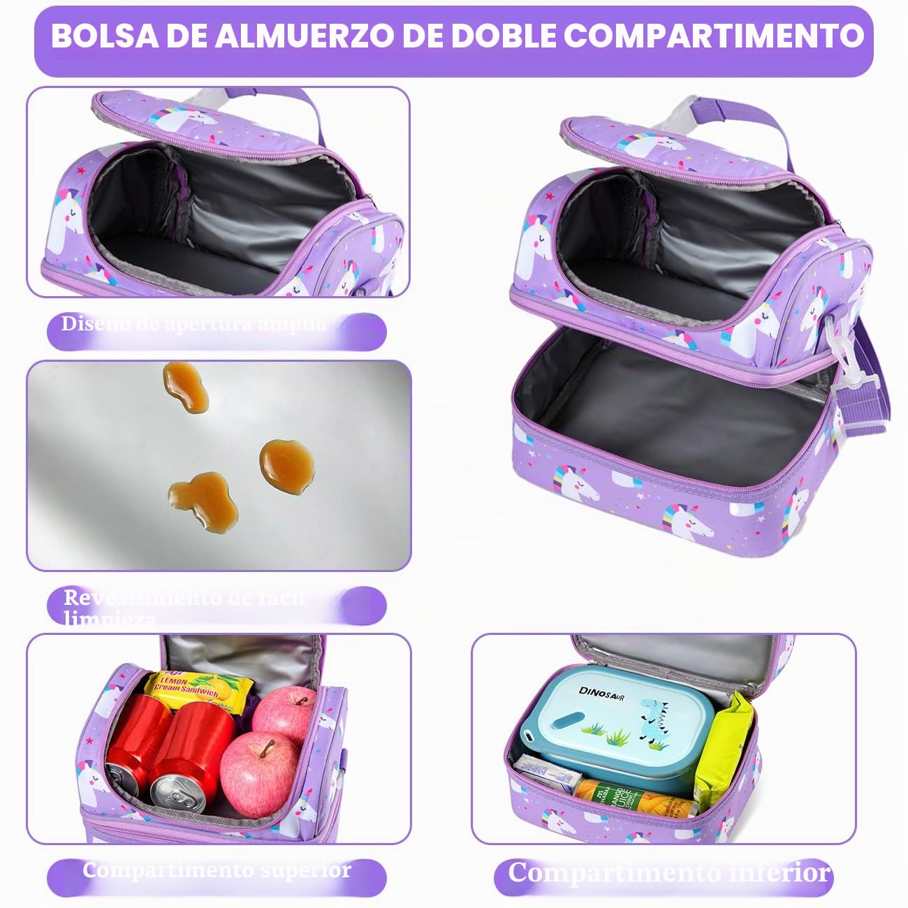 VASCHY Bolsa Térmica Porta Alimentos Infantil, Bolsa Almuerzo Niños Niñas 6.7 L de 2 Compartimentos, Isotérmica 3-4h (5-6h con Hielo) para Escuela Guardería Picnic