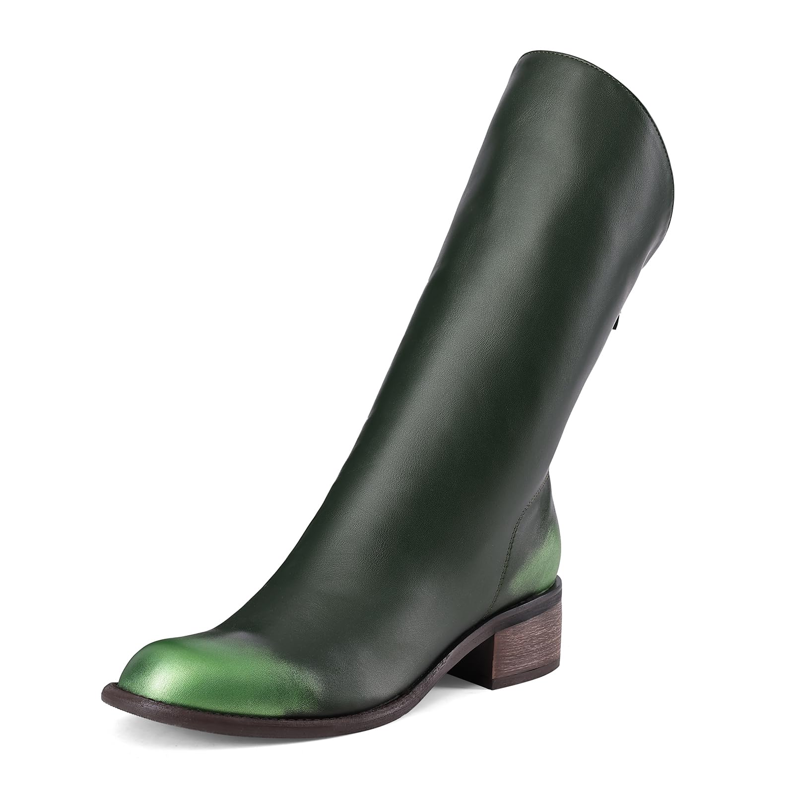 SINSIYONG Women Slant Boots Round Toe Chunky Heel Comfortable Back Zip Mid-calf Boots