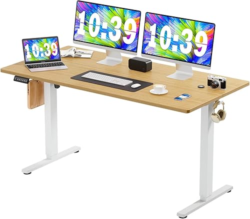 Sweetcrispy Escritorio eléctrico de pie  Escritorio de pie de altura ajustable de 63 x 24 pulgadas con tablero de empalme, mesa de computadora de