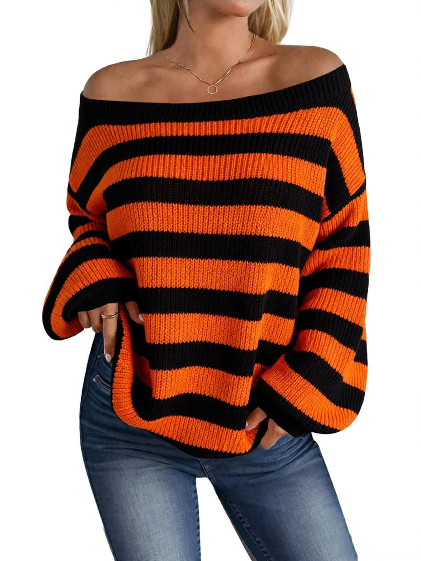 MARZXIN Striped Off the Shoulder Sweater for Women Cute Oversized Fall Tops