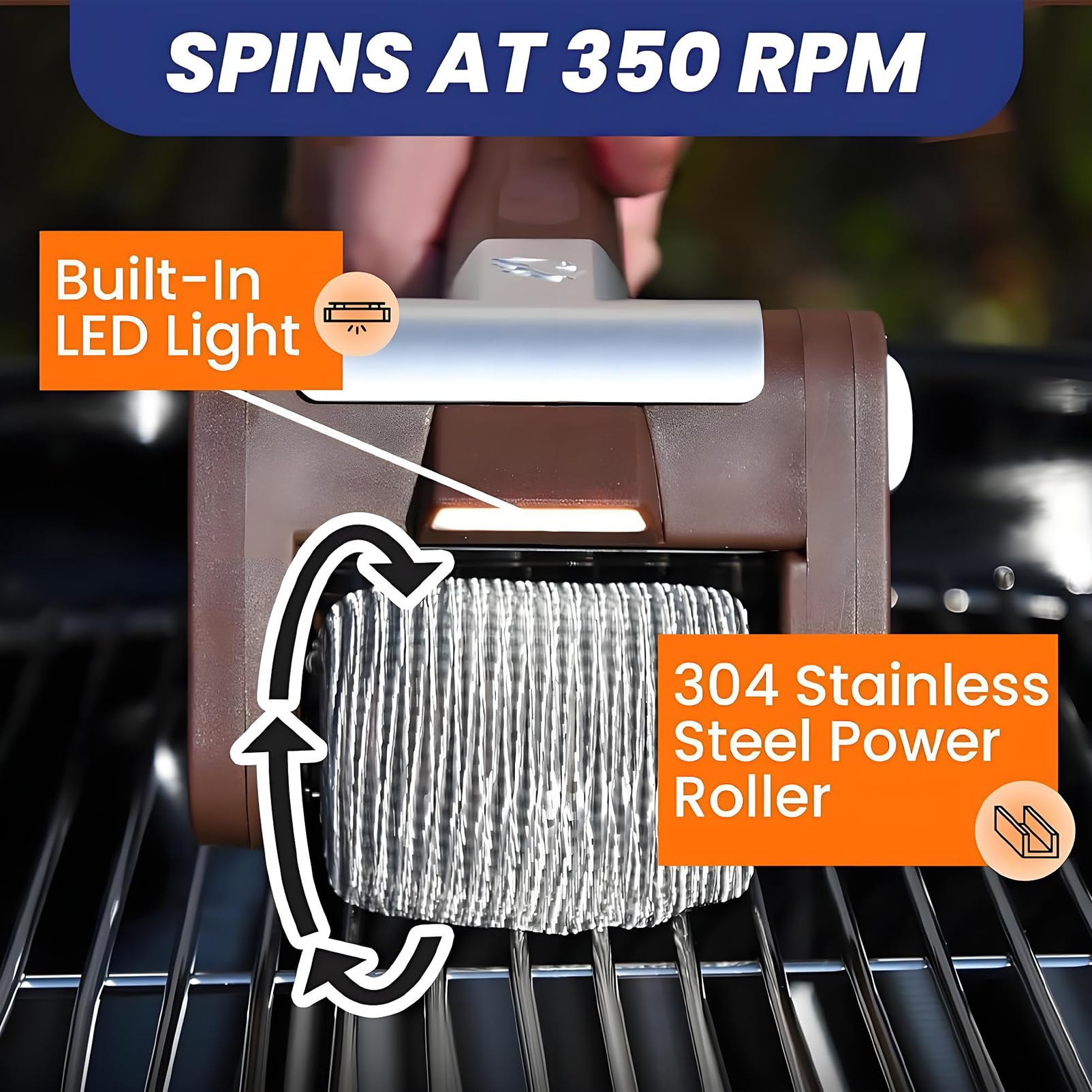 Spazzola per barbecue senza fili, ricaricabile, con rullo in acciaio inox, luce LED, testa lavabile in lavastoviglie, 350 giri/min, senza setole, strumento perfetto per barbecue