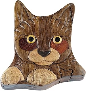 Hand Carved in Vietnam Wooden CAT Puzzle Box- Intarsia Wood Art