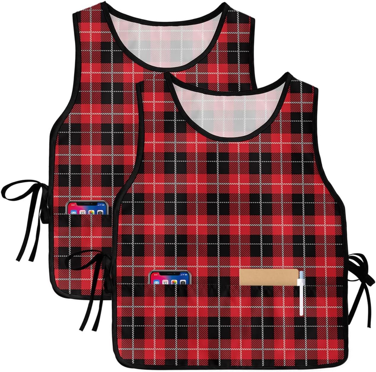Unisex Cobbler Apron with 2 Pockets, Red Black Buffalo Lattice Waterproof Vest Kitchen Chef Apron, Smock Apron Vest Cobbler Aprons for Women Men, 2 Pack, 20” x 27.5”