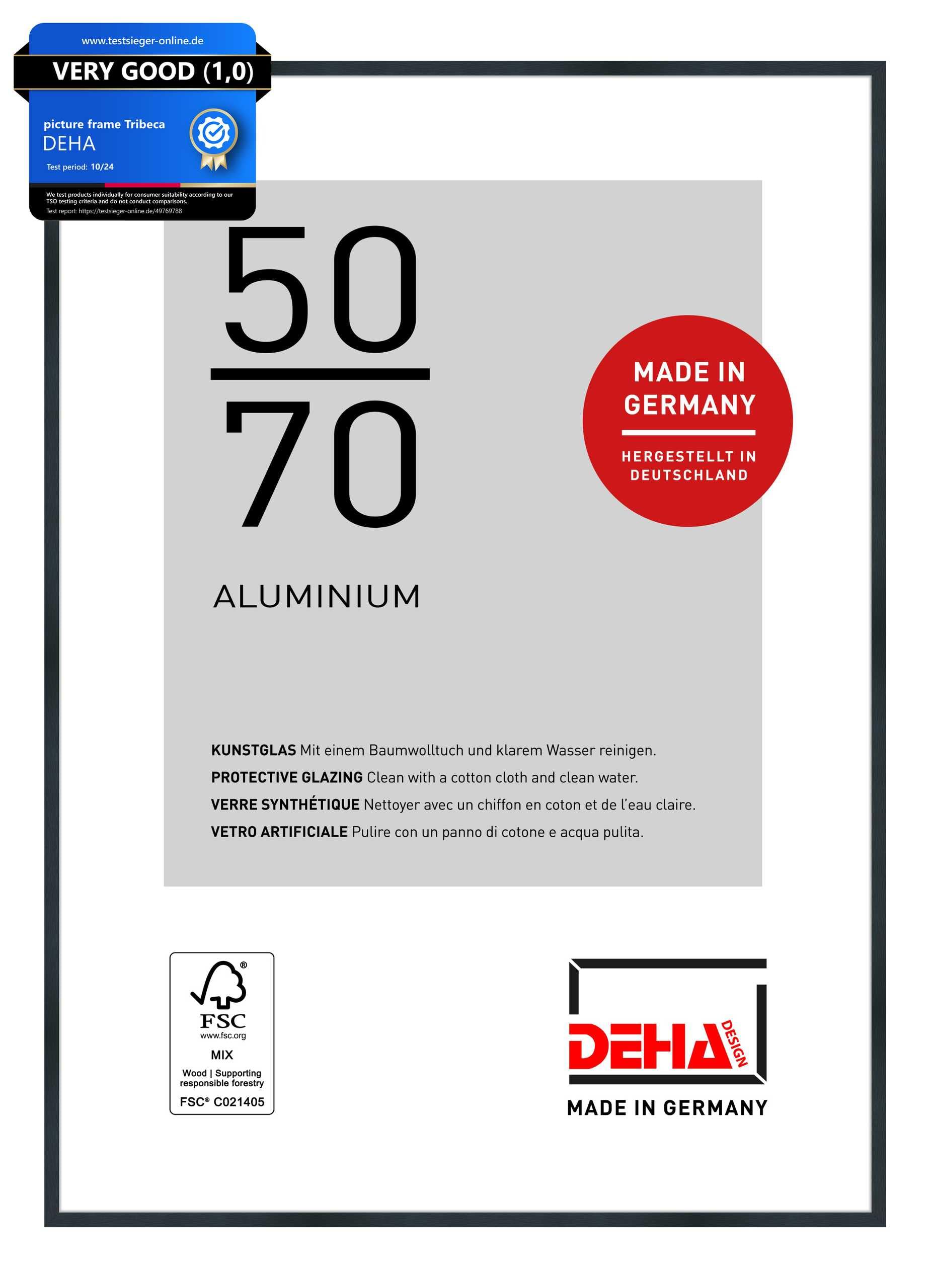 Deha Design Brushed Frosted Black Tribeca Aluminium Picture Frame - 50X70 cm – Brushed Black - With Synthetic Glass And Push/Turn Clips
