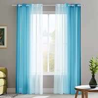 Deconovo Áttetsző Függöny Szett, Kék Fényáteresztő Voile Sötétítő Fülekkel, 245x140 cm, 2 db, Mosható Poliészter Erkély Függöny 1