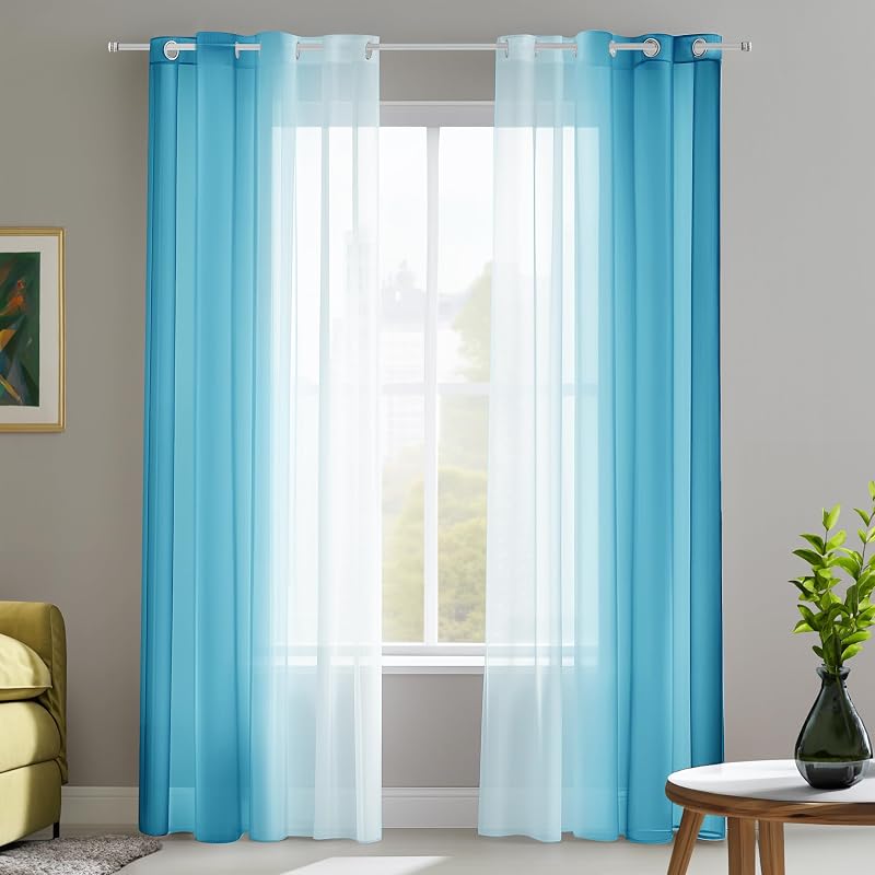 Deconovo Áttetsző Függöny Szett, Kék Fényáteresztő Voile Sötétítő Fülekkel, 245x140 cm, 2 db, Mosható Poliészter Erkély Függöny