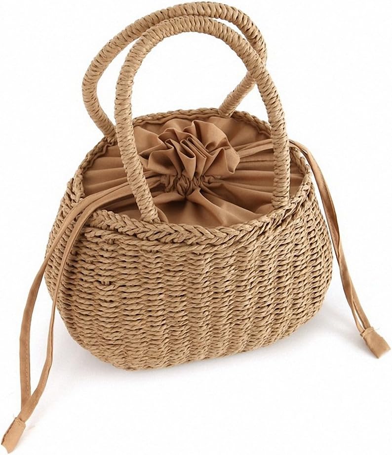 Straw Bucket Basket Bag Women Summer Drawstring Tote Lady Handbag Small Knitted Beach Bag