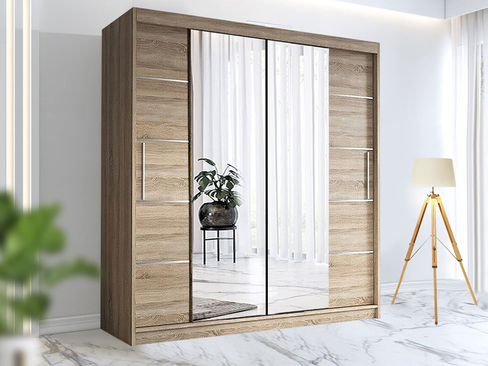 RAC3 Race to Road Modern Bedroom Sliding Wardrobe with LED Light - Ample Storage Space and Sleek Design comes in White/Grey/Black/Oak and Width 150cm/180cm/203cm/250cm (Oak, 150cm)